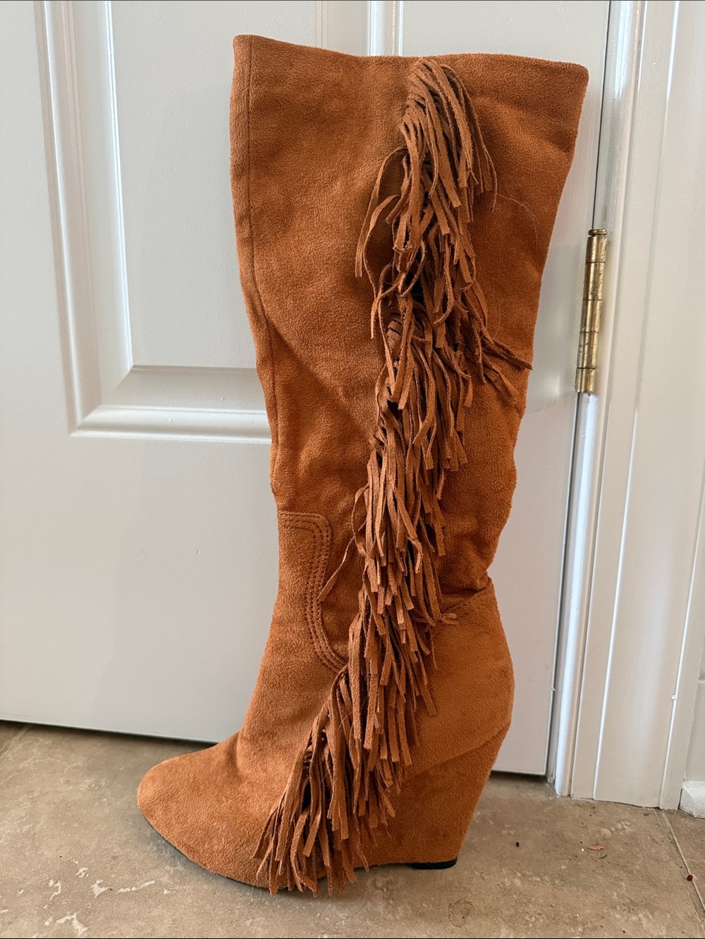 Fringed Suede Wedge Knee-High Boots - Rust